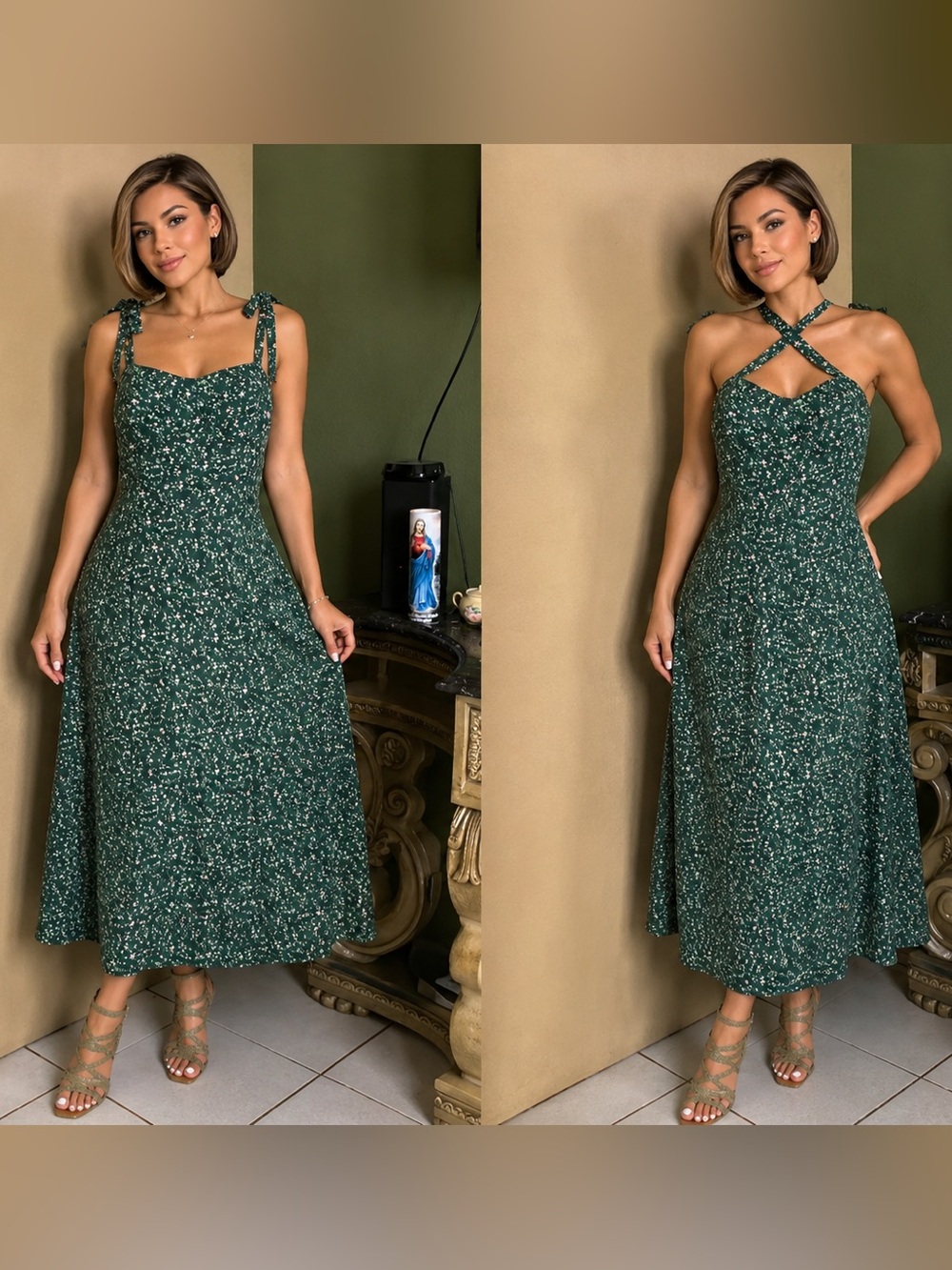 RIHOAS Dark Green Floral Maxi Dress with White Speckles Versatile Straps XL